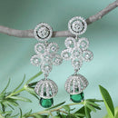 Rhodium-Plated Green American Diamond studded Dome & Teardrop Shaped Jhumka Earrings