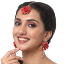Gold-Plated Pearl Red Gota Patti Flower Maang Tikka Set