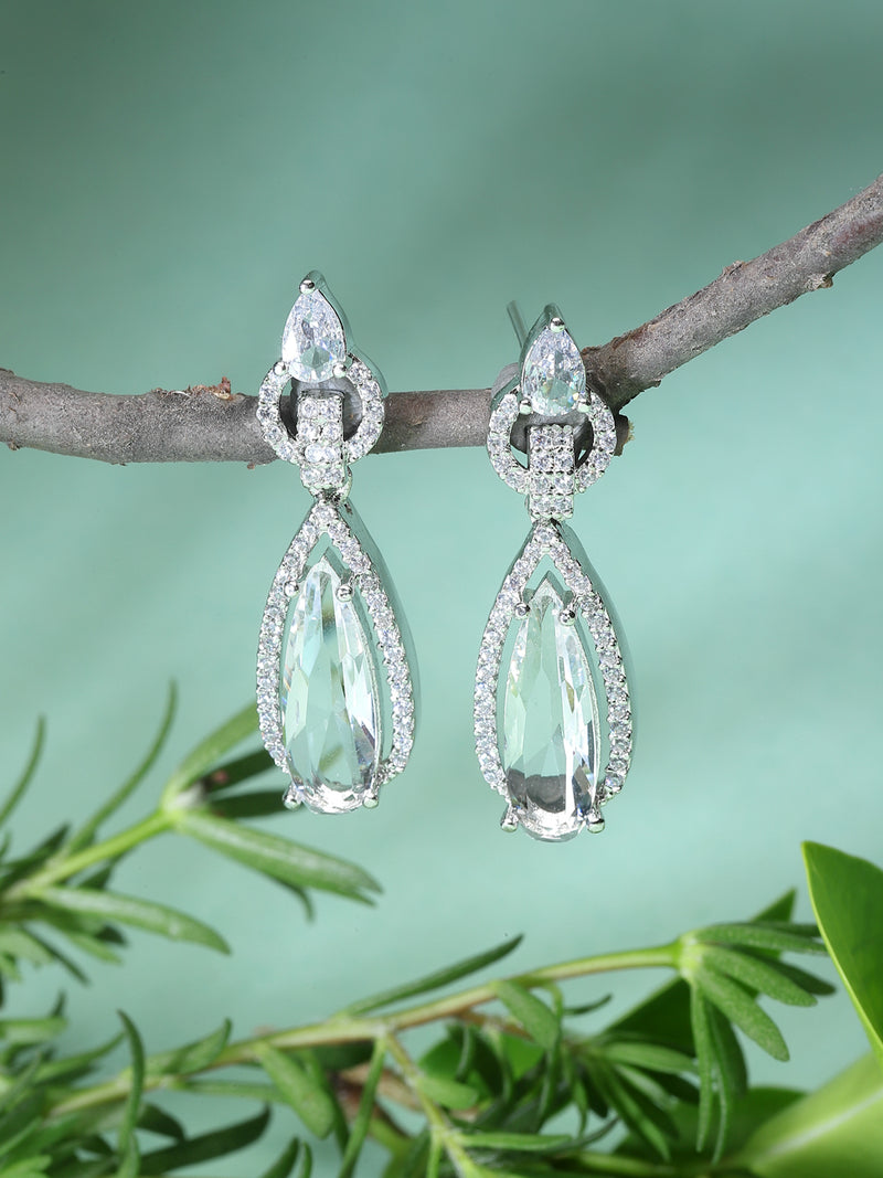 Rhodium-Plated White American Diamond studded Handcrafted Long Teardrop Shaped Drop Earrings