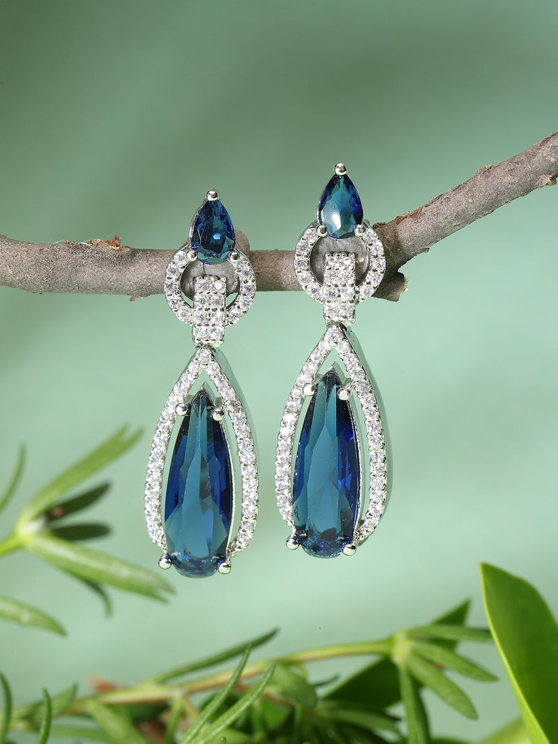 Rhodium-Plated Navy Blue American Diamond studded Handcrafted Long Teardrop Shaped Drop Earrings