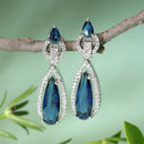 Rhodium Plated Teardrop Blue AD Studded Contemporary Drop Earrings