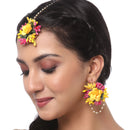 Gold-Plated Pearl Pink & Yellow Gota Patti Flower Maang Tikka Set