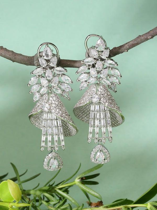 Rhodium-Plated White American Diamond studded Quikry Drop Earrings