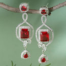 Rhodium-Plated Red American Diamond studded Square Shaped Handcrafted Drop Earrings