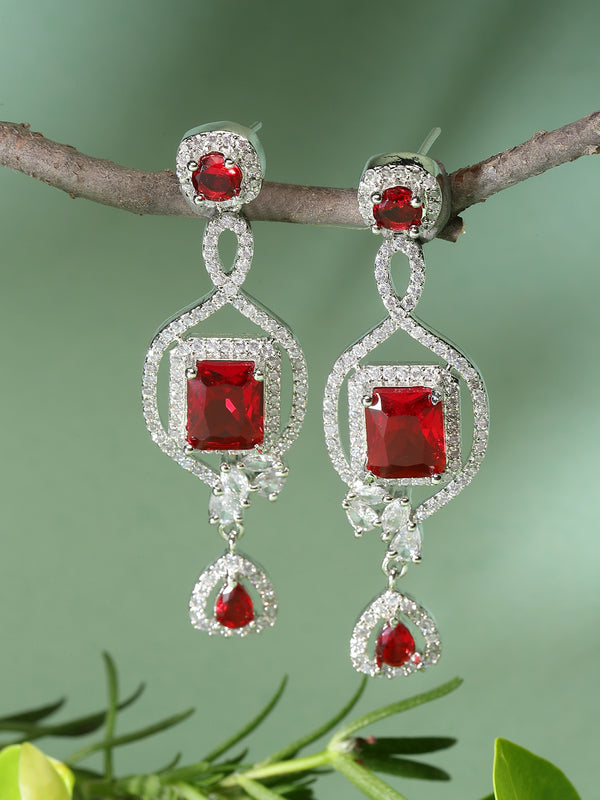 Rhodium-Plated Red American Diamond studded Square Shaped Handcrafted Drop Earrings