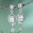 Rhodium-Plated White American Diamond studded Square Shaped Handcrafted Drop Earrings