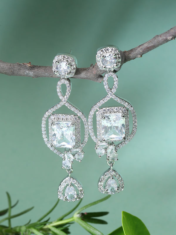 Rhodium-Plated White American Diamond studded Square Shaped Handcrafted Drop Earrings