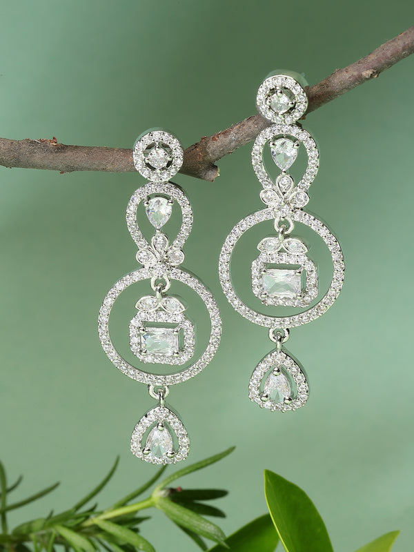 Rhodium-Plated White American Diamond studded Circular Shaped Drop Earrings