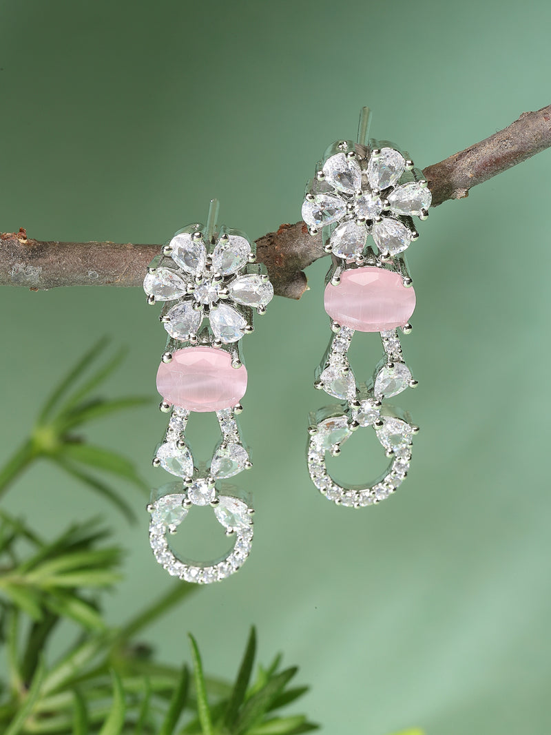Rhodium-Plated Pink American Diamond studded Floral Shaped Drop Earrings