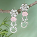 Rhodium-Plated Pink American Diamond studded Floral Shaped Drop Earrings