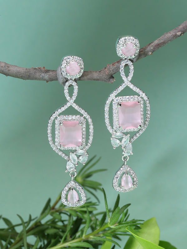 Rhodium-Plated Pink American Diamond studded Square Shaped Handcrafted Drop Earrings