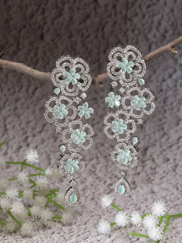 Rhodium-Plated Sea Green & White American Diamond studded Floral Chandelier Drop Earrings