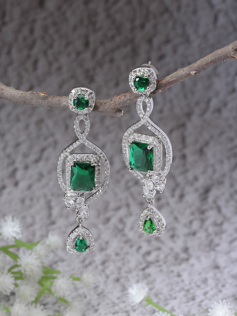 Rhodium-Plated Green American Diamond studded Square Shaped Handcrafted Drop Earrings