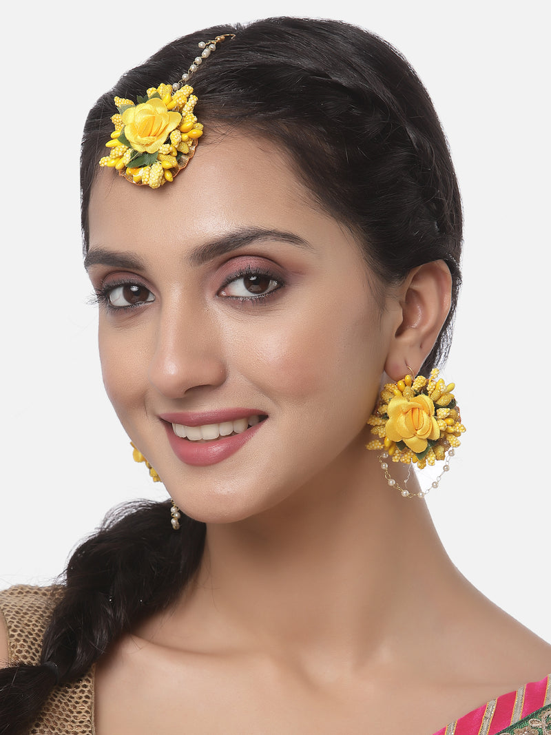 Gold-Plated White Pearl & Yellow-Green Gota Patti Flower Haldi Mehandi MaangTikka with Earrings