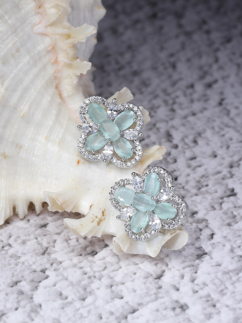 Rhodium-Plated Sea Green American Diamond studded Floral Shaped Stud Earrings