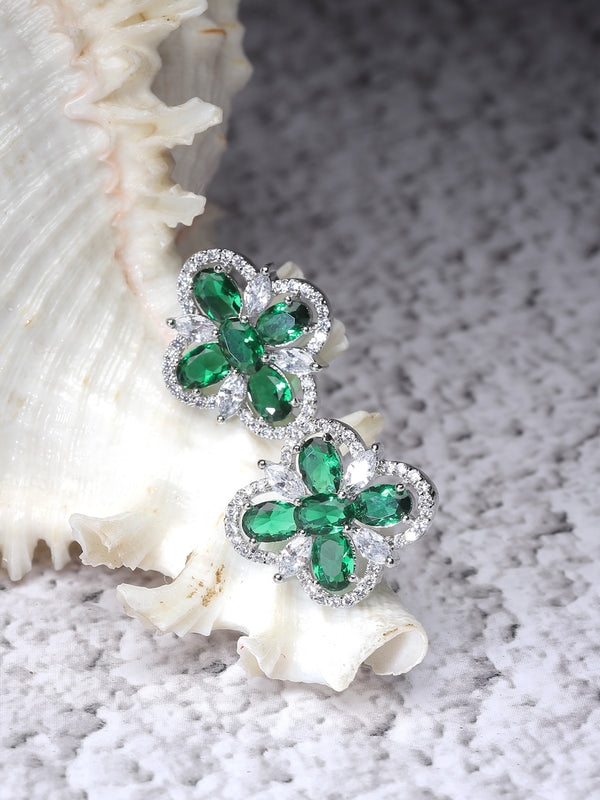 Rhodium-Plated Green American Diamond studded Floral Shaped Stud Earrings