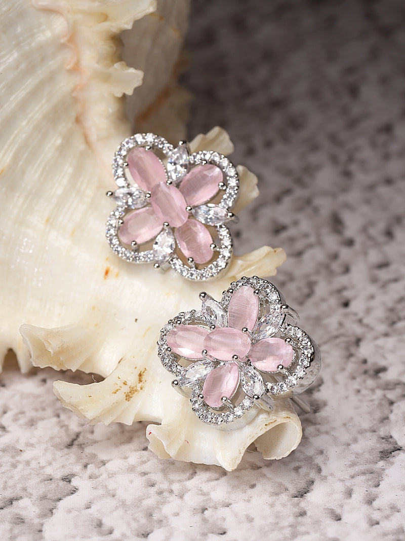 Rhodium-Plated Pink American Diamond studded Floral Shaped Stud Earrings