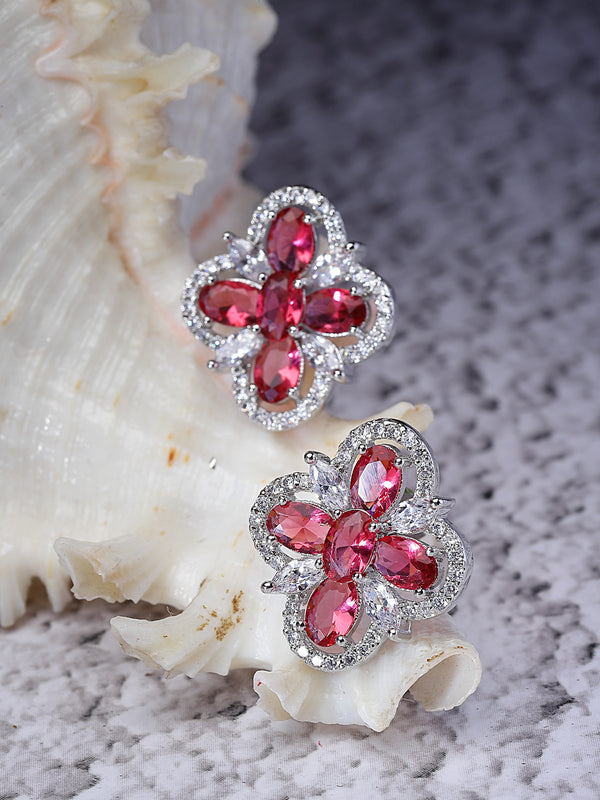 Rhodium-Plated Red American Diamond studded Floral Shaped Stud Earrings