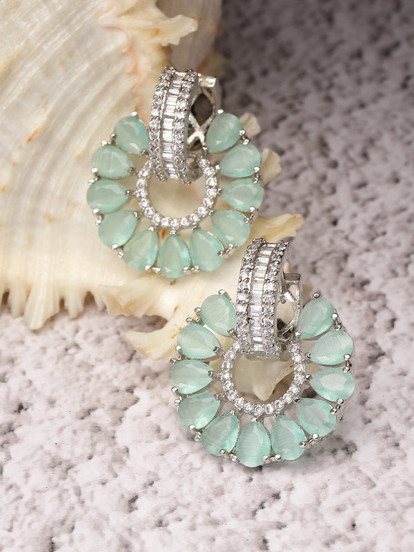 Rhodium-Plated Sea Green & White American Diamond studded Floral Drop Earrings