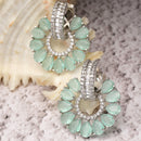 Rhodium-Plated Sea Green & White American Diamond studded Floral Drop Earrings