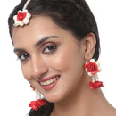 Gold-Plated Pearl Red & White Gota Patti Flower Maang Tikka Set