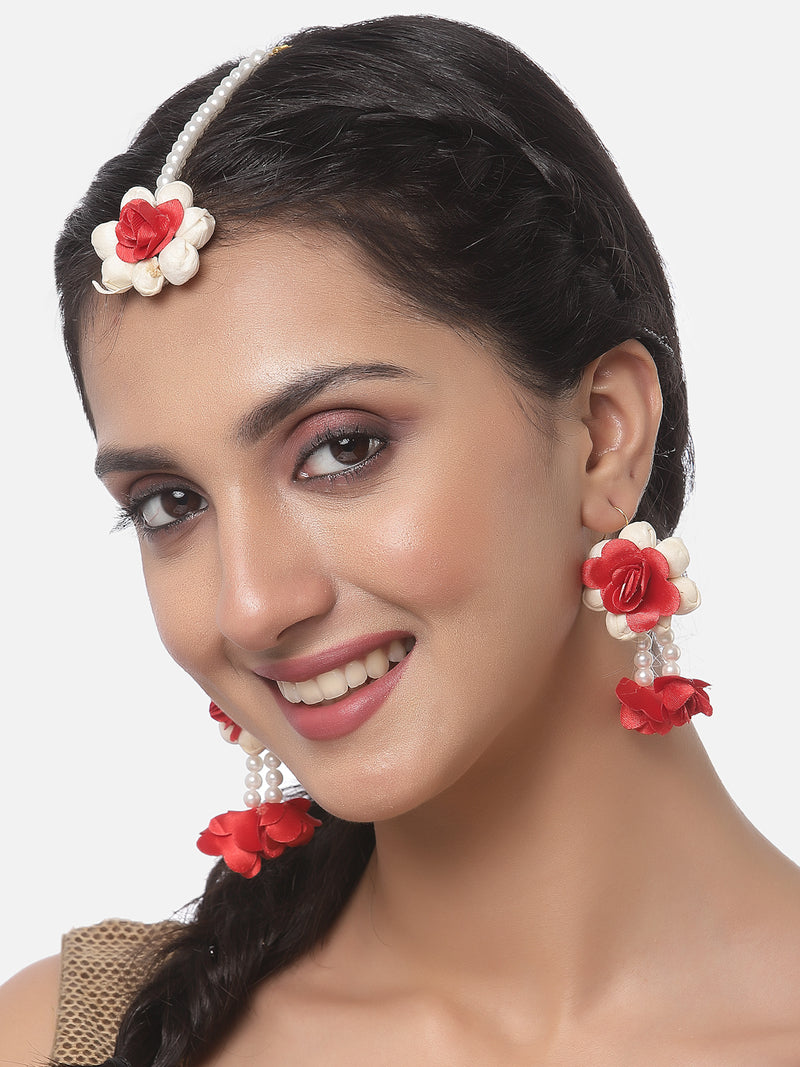 Gold-Plated White Pearl & Red-White Gota Patti Flower Haldi Mehandi MaangTikka with Earrings