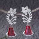 Rhodium-Plated Red & White American Diamond studded Floral Theme Drop Earrings
