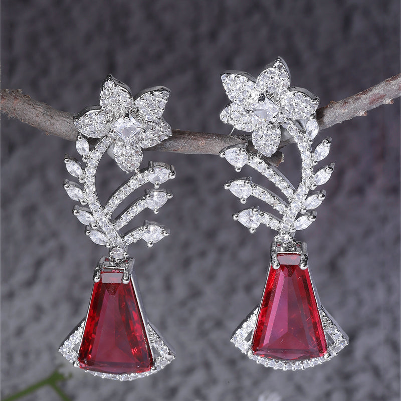 Rhodium-Plated Red & White American Diamond studded Floral Theme Drop Earrings