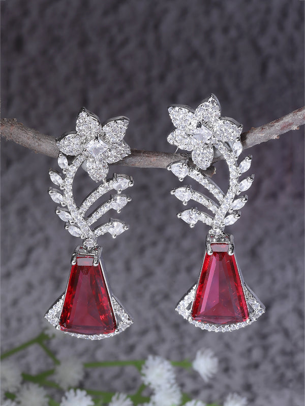 Rhodium-Plated Red & White American Diamond studded Floral Theme Drop Earrings