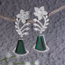Rhodium-Plated Green & White American Diamond studded Floral Theme Drop Earrings