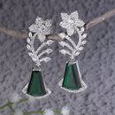Rhodium Plated Floral Vine Green American Diamond Contemporary Long Drop Earrings