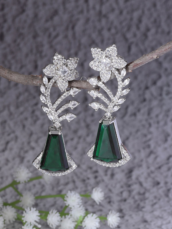 Rhodium-Plated Green & White American Diamond studded Floral Theme Drop Earrings