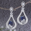 Rhodium-Plated Navy Blue American Diamond studded Handcrafted Quirky Shaped Drop Earrings