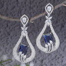 Rhodium Plated Quirky Blue AD Stone Contemporary Long Drop Earrings