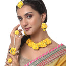 Gold-Plated Yellow Gota Patti Floral White Pearls Beaded Haldi & Mehendi Jewellery Set with Maang Tikka & Haathphool Ring
