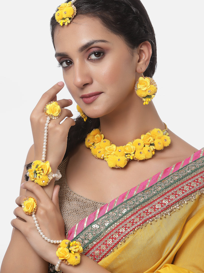 Gold-Plated Yellow Gota Patti Floral White Pearls Beaded Haldi & Mehendi Jewellery Set with Maang Tikka & Haathphool Ring