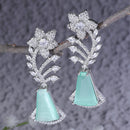 Rhodium Plated Floral Vine Sea Green American Diamond Contemporary Long Drop Earrings