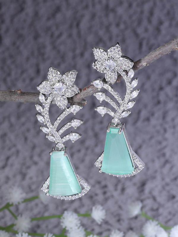 Rhodium-Plated Sea Green & White American Diamond studded Floral Theme Drop Earrings