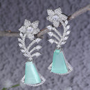 Rhodium-Plated Sea Green & White American Diamond studded Floral Theme Drop Earrings