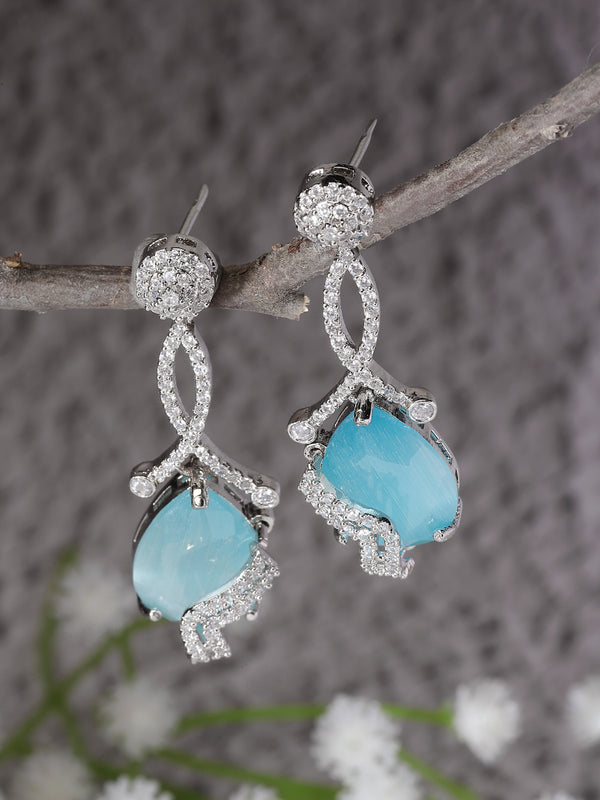 Rhodium-Plated Sky Blue & White American Diamond studded Trardrop Shaped Drop Earrings