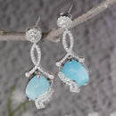 Rhodium-Plated Sky Blue & White American Diamond studded Trardrop Shaped Drop Earrings