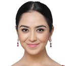 Rhodium-Plated Red & White American Diamond studded Square & Teardrop Shaped Contemporary Drop Earrings