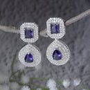 Rhodium Plated Square Blue American Diamond Contemporary Drop Earrings
