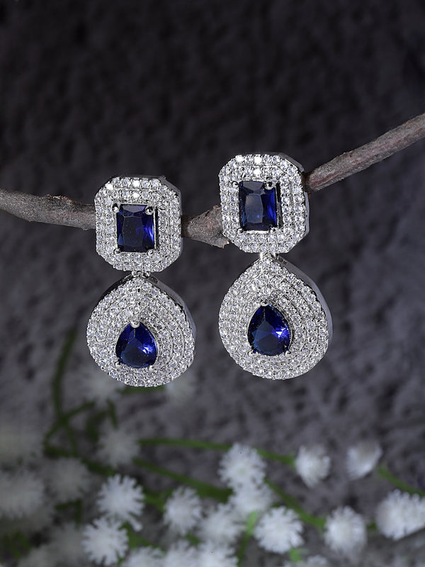 Rhodium-Plated Navy Blue & White American Diamond studded Square & Teardrop Shaped Drop Earrings