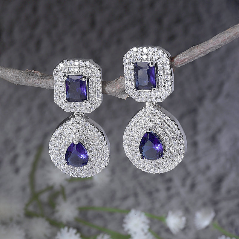 Rhodium-Plated Navy Blue & White American Diamond studded Square & Teardrop Shaped Drop Earrings