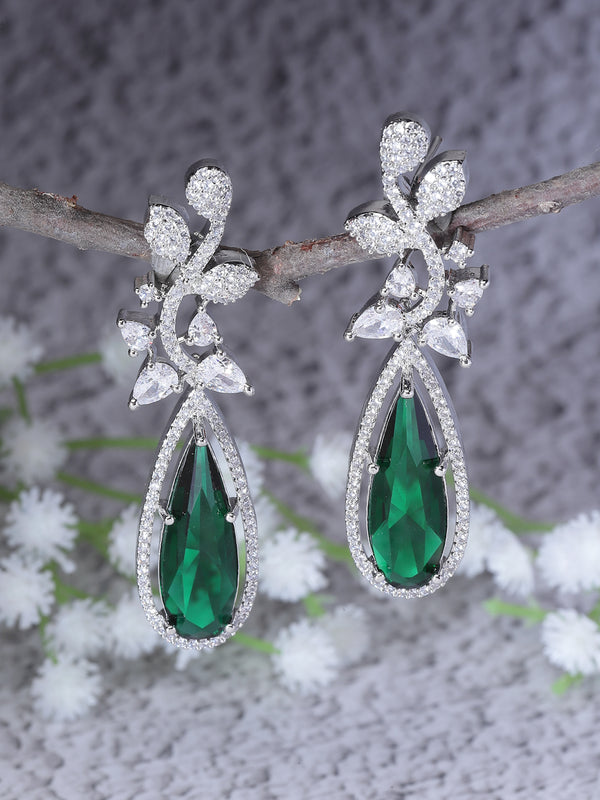 Rhodium-Plated Green American Diamond studded Teardrop & Leaf Shaped Drop Earrings