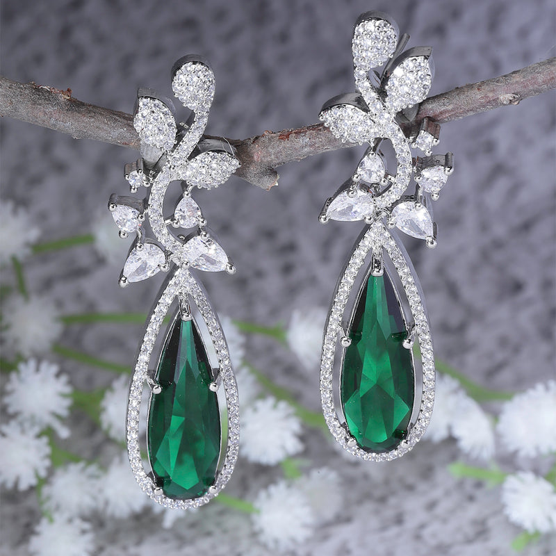 Rhodium-Plated Green American Diamond studded Teardrop & Leaf Shaped Drop Earrings
