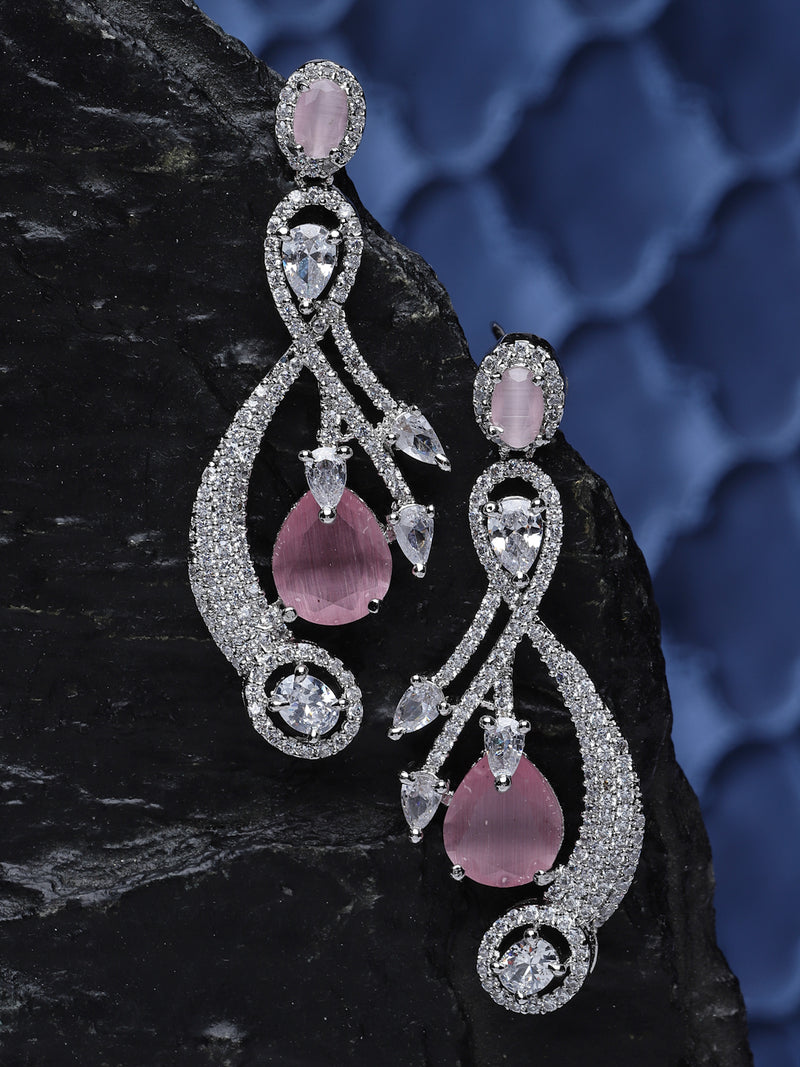 Rhodium-Plated Pink American Diamond studded Quirky Shaped Drop Earrings