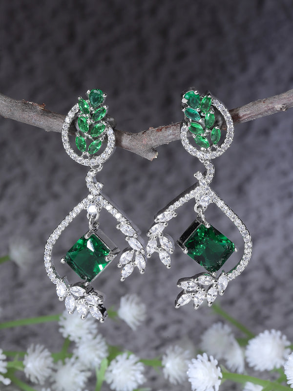 Rhodium-Plated Green American Diamond studded Square & Leaf Shaped Drop Earrings