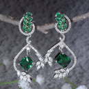 Rhodium Plated Leaf Green AD Studded Contemporary Long Drop Earrings
